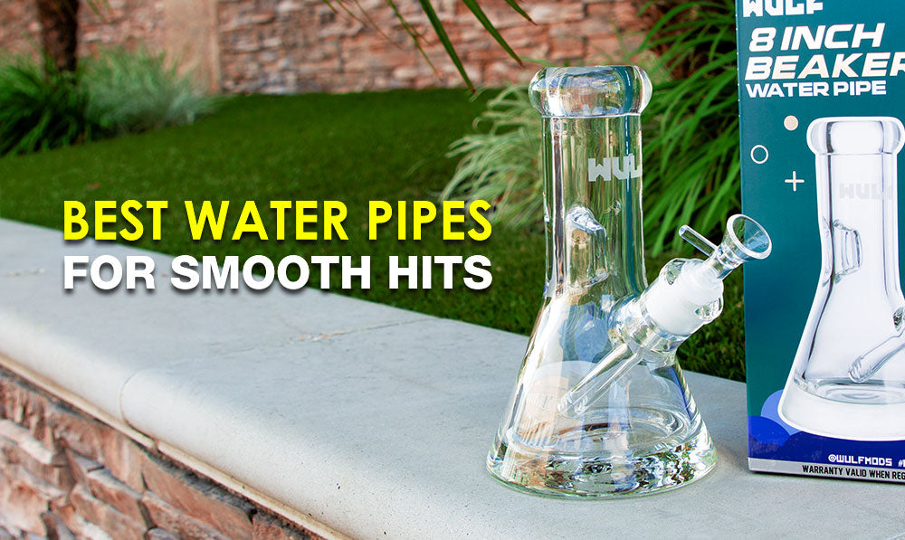 Glass water pipe standing on ledge by office building with text