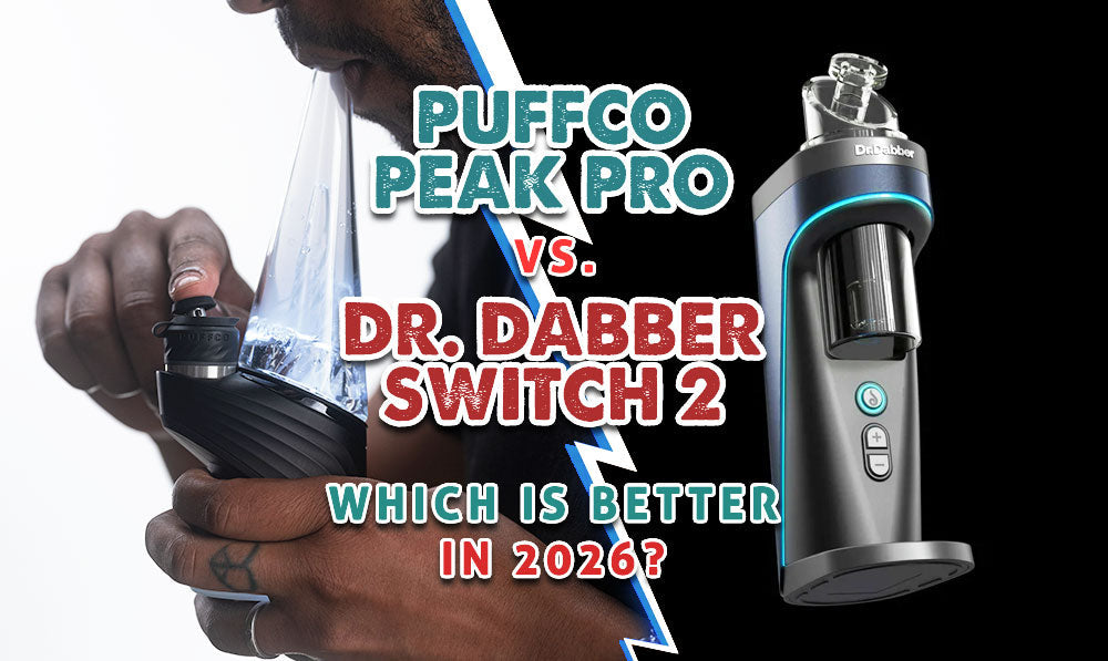 split images of man with Puffco Peak Pro and the other with Dr. Dabber Switch 2 with text in the middle