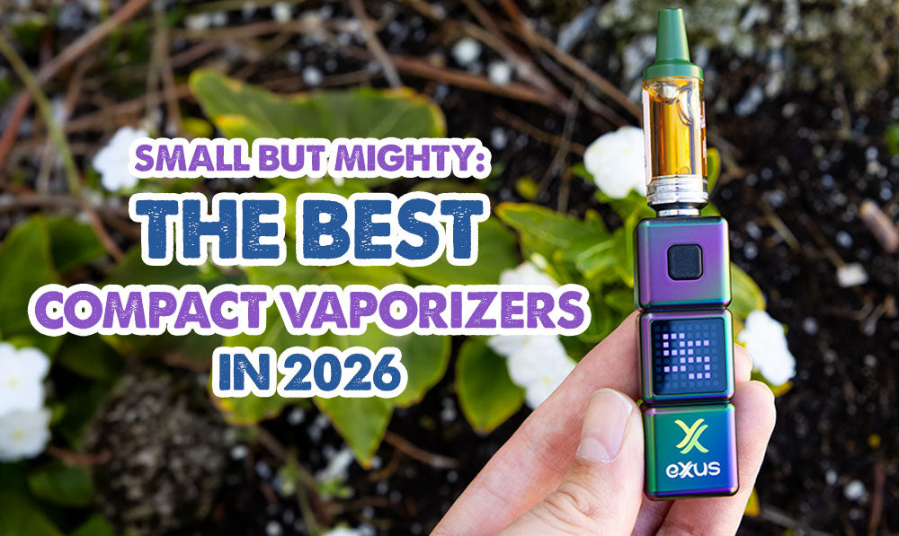 text with EXXUS STAX 510 battery vaporizer on floral background