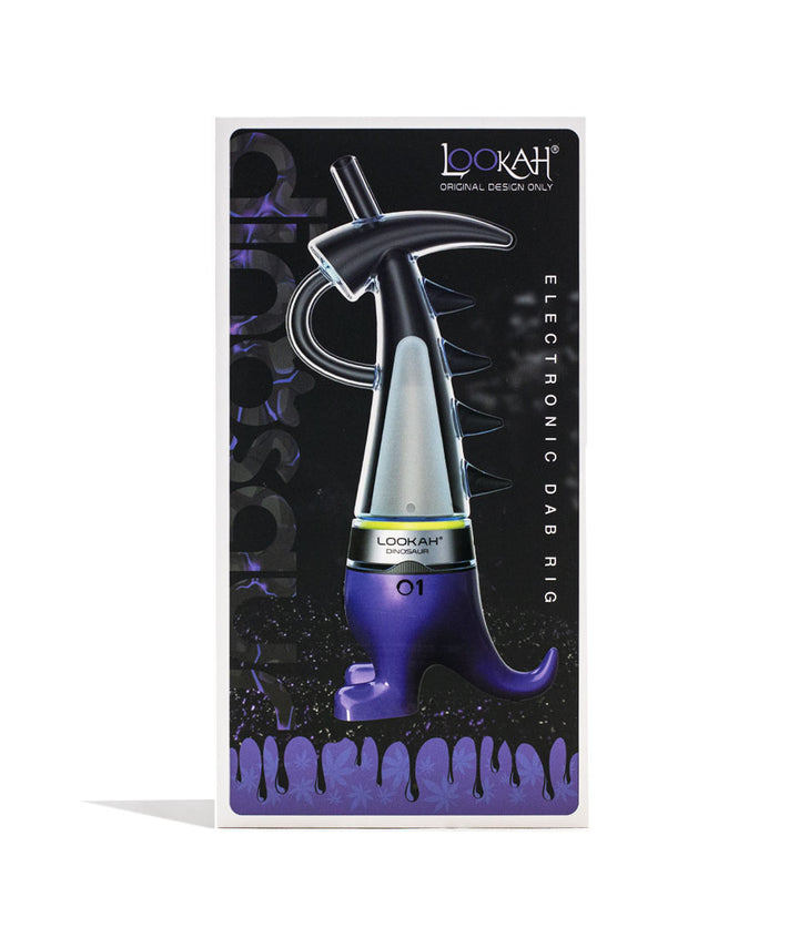 Purple Lookah Dinosaur Electronic Dab Rig Packaging Front View on White Background