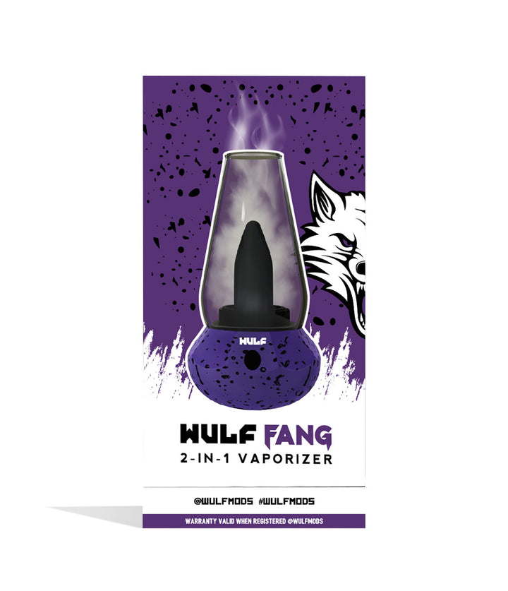 Purple and Black Spatter Wulf Mods Fang 2-in-1 Vaporizer front box view on white background