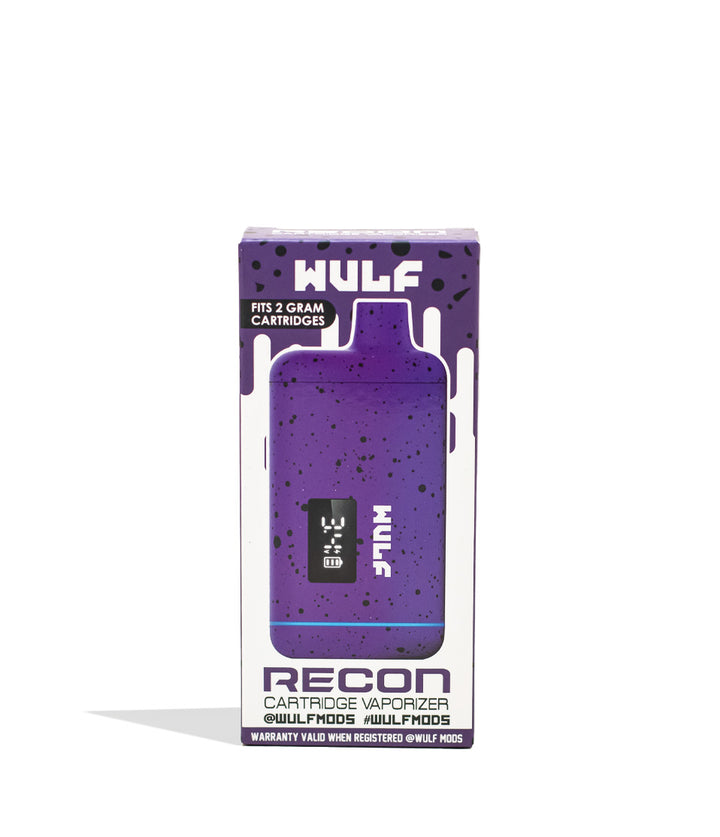 Purple Black Spatter Wulf Mods Recon Cartridge Vaporizer Packaging  Front View on White Background