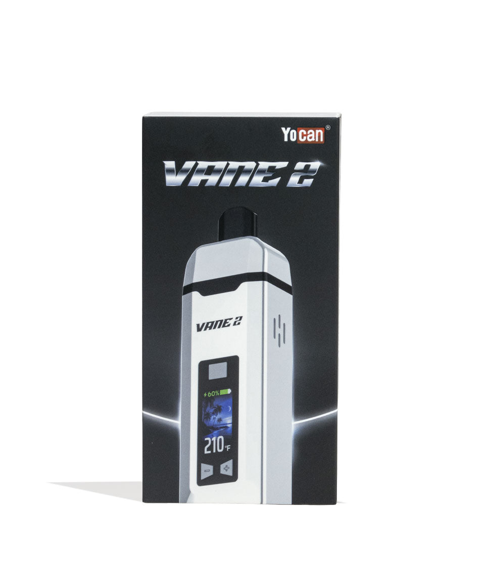 White Yocan Vane 2 Portable Dry Herb Vaporizer Packaging Front View on White Background